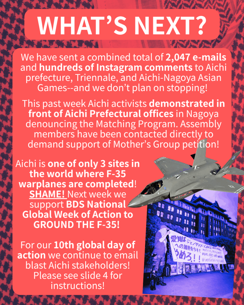 Slide 3: WHAT’S NEXT?

We have sent a combined total of 2,047 e-mails and hundreds of Instagram comments to Aichi prefecture, Triennale, and Aichi-Nagoya Asian Games–and we don’t plan on stopping!

This past week Aichi activists demonstrated in front of Aichi Prefectural offices in Nagoya denouncing the Matching Program. Assembly members have been contacted directly to demand support of Mother’s Group petition!

Aichi is one of only 3 sites in the world where F-35 warplanes are completed! SHAME! Next week we support BDS National Global Week of Action to GROUND THE F-35!

For our 10th global day of action we continue to email blast Aichi stakeholders!

Please see slide 4 for instructions!

[A picture of activists standing in front of Aichi prefecture with a banner & an image of an F-35 on top]