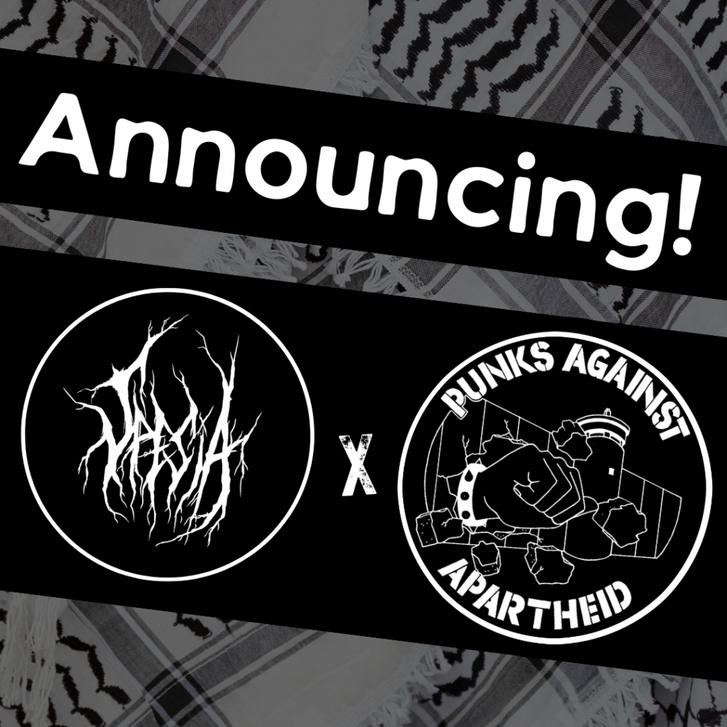 Image with a faded kuffiyeh pattern in the background overlaid with text & image blocks.

On top, it reads ‘Announcing!’ diagonally overlaid in white on a black strip, and below, two circular logos outlined in white on their own black strip. 

The one on the left is a circular logo with highly stylised, tall, vine-y, thorn-y letters reading SPESIA.

The one on the right is the Punks Against Apartheid logo, which shows a fist with a spikey bracelet punching through the apartheid wall & the text ‘PUNKS AGAINST APARTHEID’ around the circle’s edge.