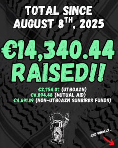 Slide 12: TOTAL SINCE AUGUST 8th, 2025
€14,340.44 raised!!
€2,754.07 (UTBOAZN)
€6,894.48 (MUTUAL AID)
€4,691.89 (NON-UTBOAZN Sunbirds FUNDS)
A white silhouette drawing of the Handhala holding up a peace sign with his right hand.
AND FINALLY... - a red arrow pointing to the lower right.