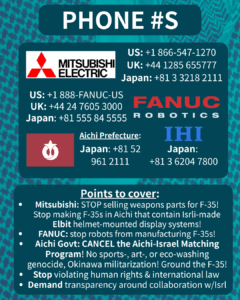 Slide 6: PHONE #S

[Mitsubishi Electric logo] 

US: +1 866-547-1270

UK: +44 1285 655777

Japan: +81 3 3218 2111

[FANUC Robotics logo]

US: +1 888-FANUC-US

UK: +44 24 7605 3000

Japan: +81 555 84 5555

[Aichi Prefecture flag]

Japan: +81 52 961 2111

[IHI logo]

Japan: +81 3 6204 7800

Points to cover:

Mitsubishi: STOP selling weapons parts for F-35! Stop making F-35s in Aichi that contain Isrli-made Elbit helmet-mounted display systems!

FANUC: stop robots from manufacturing F-35s!

Aichi Govt: CANCEL the Aichi-Israel Matching Program! No sports-, art-, or eco-washing genocide, Okinawa militarization! Ground the F-35!

Stop violating human rights & international law

Demand transparency around collaboration w/Isrl