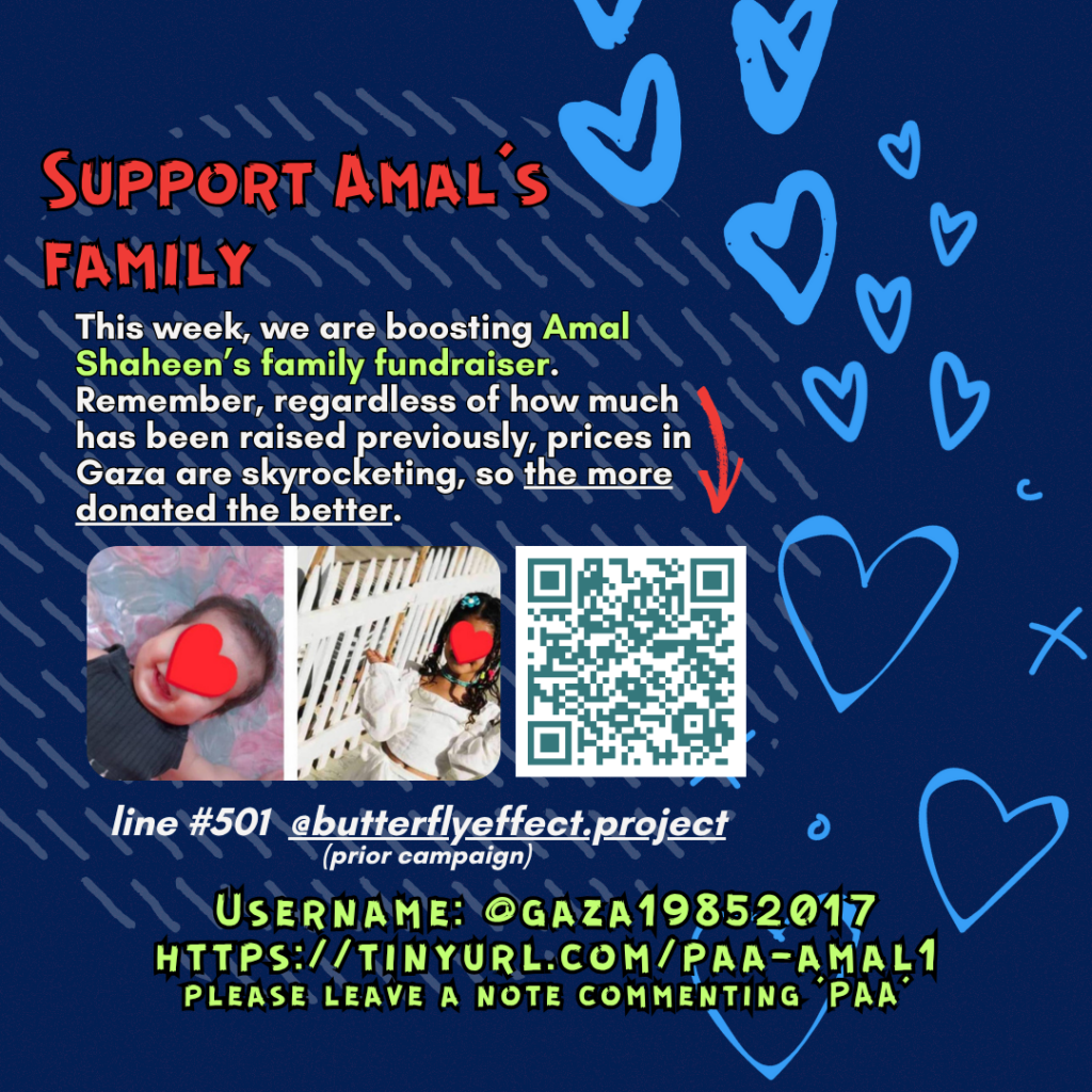 Slide 2: Support Amal’s family

This week, we are boosting Amal Shaheen’s family fundraiser. Remember, regardless of how much has been raised previously, prices in Gaza are skyrocketing, so the more donated the better. 

Picture of two children with heart emojis on their faces and a QR code

line #501 @butterflyeffect.project

Username: @gaza19852017
https://tinyurl.com/paa-amal1
please leave a note commenting ‘PAA’