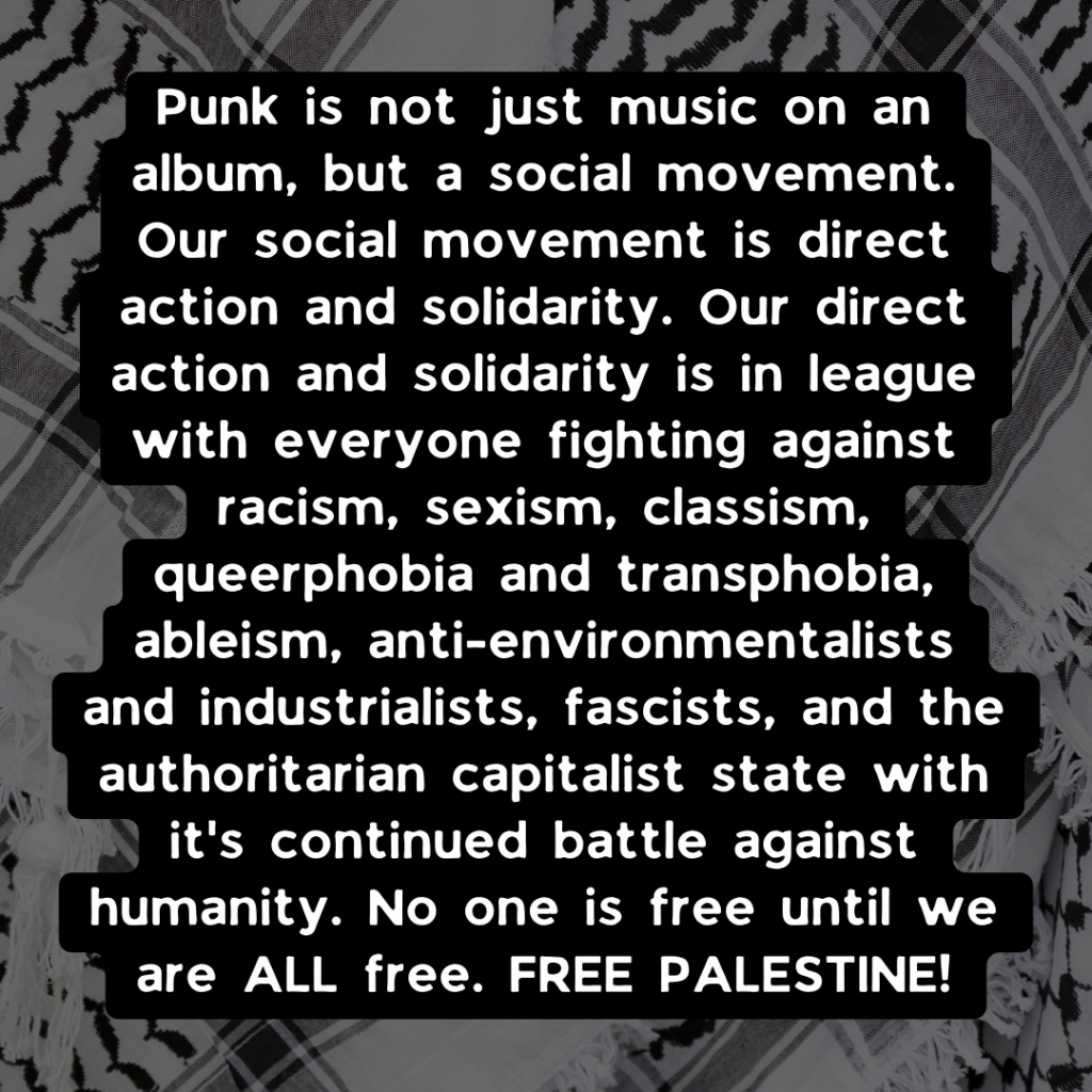 Slide 3: Punk is not just music on an album, but a social movement. Our social movement is direct action and solidarity. Our direct action and solidarity is in league with everyone fighting against racism, sexism, classism, queerphobia and transphobia, ableism, anti-environmentalists and industrialists, fascists, and the authoritarian capitalist state with it’s continued battle against humanity. No one is free until we are ALL free. FREE PALESTINE!