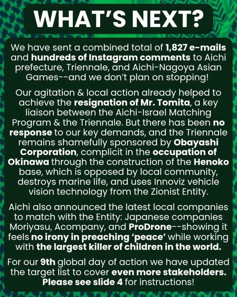 Slide 3: WHAT’S NEXT?
We have sent a combined total of 1,827 e-mails and hundreds of Instagram comments to Aichi prefecture, Triennale, and Aichi-Nagoya Asian Games–and we don’t plan on stopping!
Our agitation & local action already helped to achieve the resignation of Mr. Tomita, a key liaison between the Aichi-Israel Matching Program & the Triennale. But there has been no response to our key demands, and the Triennale remains shamefully sponsored by Obayashi Corporation, complicit in the occupation of Okinawa through the construction of the Henoko base, which is opposed by local community, destroys marine life, and uses Innoviz vehicle vision technology from the Zionist Entity.
Aichi also announced the latest local companies to match with the Entity: Japanese companies Moriyasu, Acompany, and ProDrone–showing it feels no irony in preaching ‘peace’ while working with the largest killer of children in the world.
For our 9th global day of action we have updated the target list to cover even more stakeholders. Please see slide 4 for instructions!