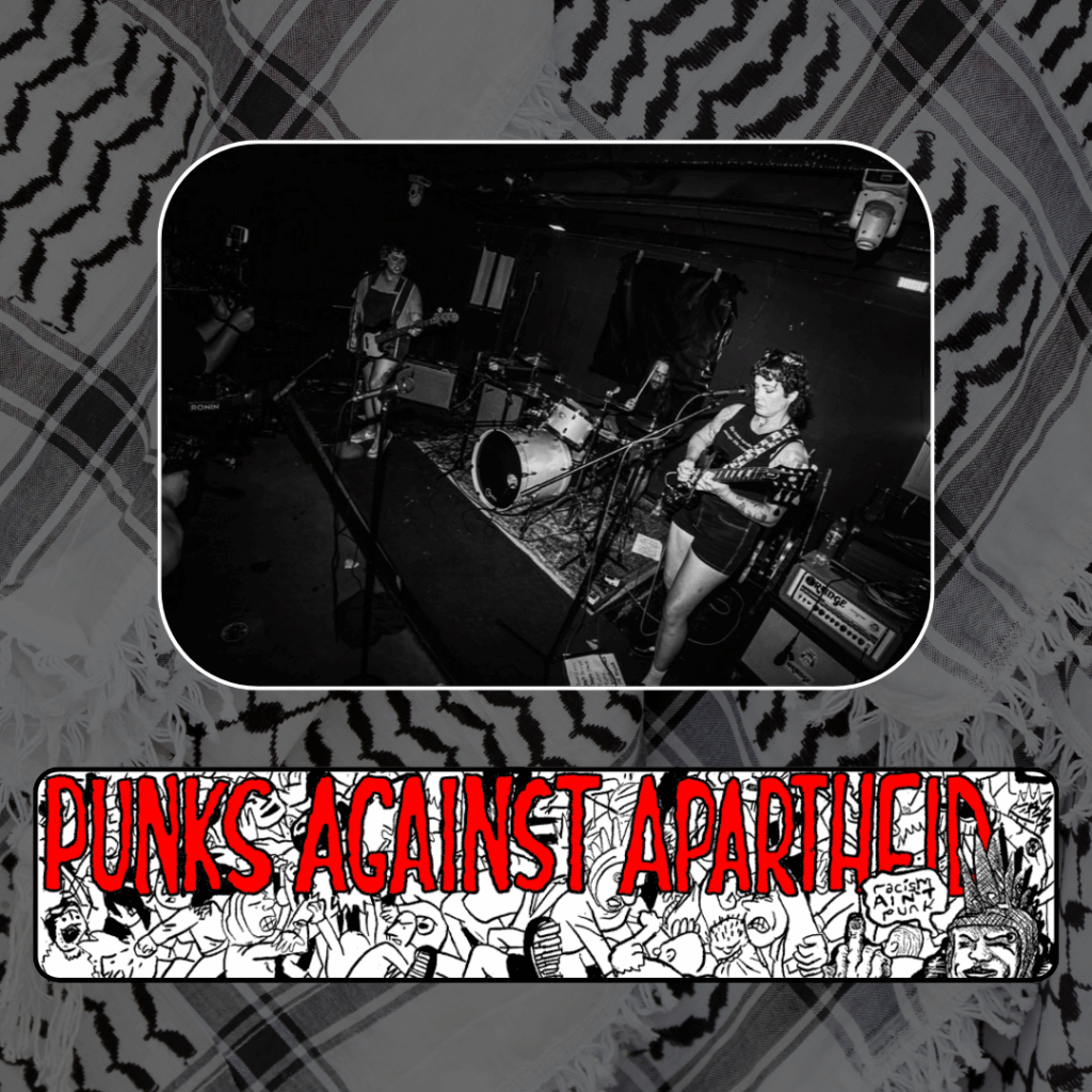 Slide 3: A picture of the band playing at a concert. Below, a long horizontal logo with PUNKS AGAINST APARTHEID in squiggly red text against a background of cartoon punks moshing, with a punk on the right with Liberty Spikes giving the finger saying “racism ain’t punk.”