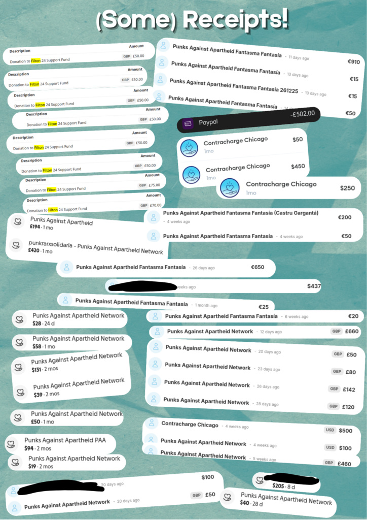 (Some) Receipts!
Around 50+ screenshots of donations to various fundraisers, in varying amounts, from Punks Against Apartheid & some member groups.