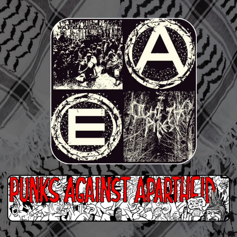 Slide 4: A picture divided into four quadrants in a stylised black & white filter. Upper left: a crowd sitting on the ground huddled together in a forest. On the upper right: A large white circle (A) filligreed with small tree branches & plants. On the lower left: a white circle (E) filligreed with small tree branches & plants. On the lower right: a dark forest background with the stylised ‘horror’ lettering on top which one can barely read as ‘LIGHT THE PYRES’.
Below, a long horizontal banner depicting a punk mosh pit, with large red squiggly letters depicting PUNKS AGAINST APARTHEID on top, and a punk giving the finger on the right saying ‘racism ain’t punk.’