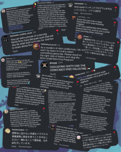 Slide 4: A whole page of small screenshots of comments left behind by people in Indonesian, English, and Japanese protesting the Aichi-Israel partnership.
