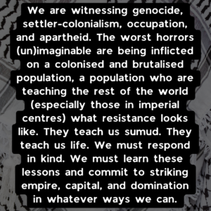 We are witnessing genocide, settler-colonialism, occupation, and apartheid. The worst horrors (un)imaginable are being inflicted on a colonised and brutalised population, a population who are teaching the rest of the world (especially those in imperial centres) what resistance looks like. They teach us sumud. They teach us life. We must respond in kind. We must learn these lessons and commit to striking empire, capital, and domination in whatever ways we can.