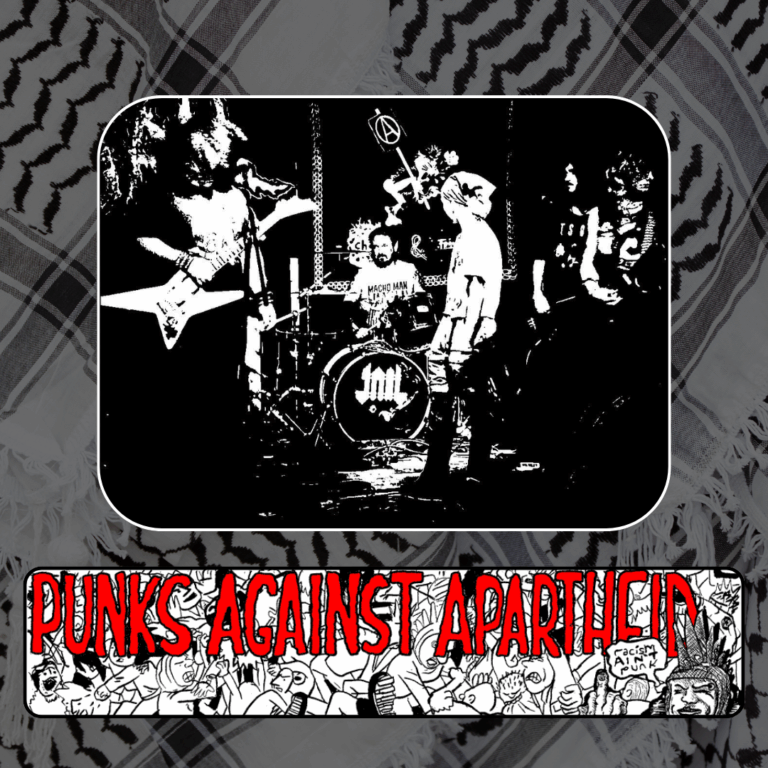 Slide 4: A black and white stylised photo of a band with guitar, singer, and drums with stylised symbols on the drums and a poster with a giant anarchist (A) in the background.
Below, a long horizontal banner depicting a punk mosh pit, with large red squiggly letters depicting PUNKS AGAINST APARTHEID on top, and a punk giving the finger on the right saying ‘racism ain’t punk.’