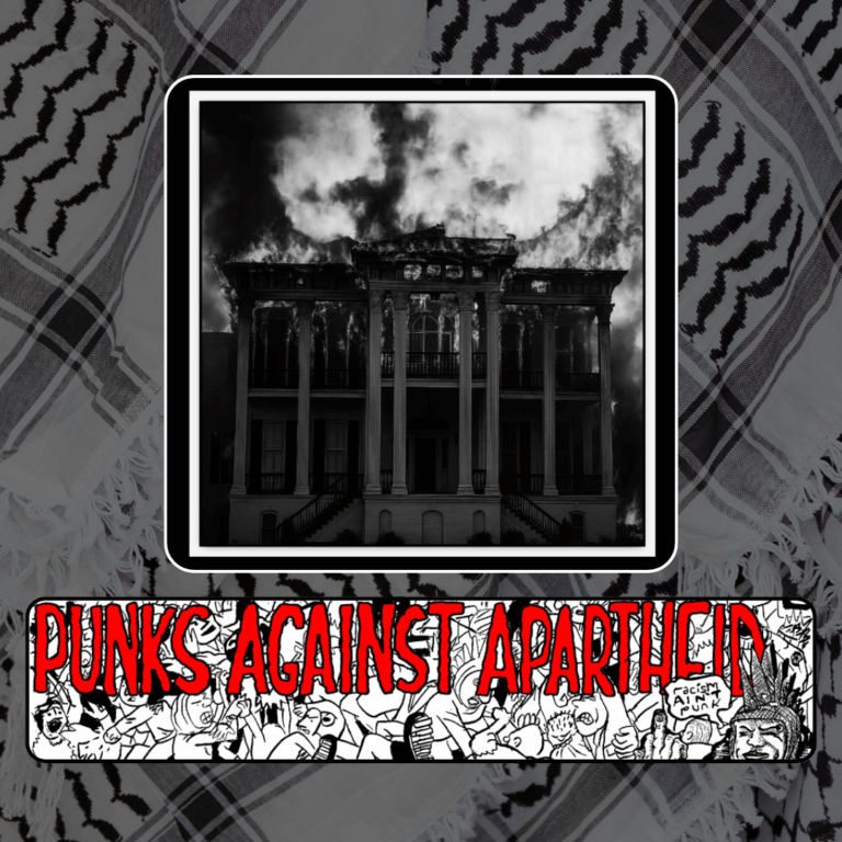 Slide 4: A black & white photo of a burning house. Below, a long horizontal banner depicting a punk mosh pit, with large red squiggly letters depicting PUNKS AGAINST APARTHEID on top, and a punk giving the finger on the right saying ‘racism ain’t punk.’
