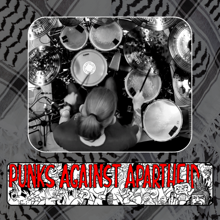Slide 4: An overhead photo of a person with a pony tail playing a large drum set.
Below, a long horizontal banner depicting a punk mosh pit, with large red squiggly letters depicting PUNKS AGAINST APARTHEID on top, and a punk giving the finger on the right saying ‘racism ain’t punk.’