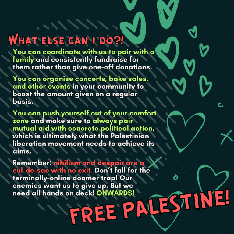 What else can i do?!

You can coordinate with us to pair with a family and consistently fundraise for them rather than give one-off donations.

You can coordinate concerts, bake sales, and other events in your community to boost the amount given on a regular basis.

You can push yourself out of your comfort zone and make sure to always pair mutual aid with concrete political action, which is ultimately what the Palestinian liberation movement needs to achieve its aims.

Remember: nihilism and despair are a cul-de-sac with no exit. Don’t fall for the terminally-online doomer trap! Our enemies want us to give up. But we need all hands on deck! ONWARDS!

FREE PALESTINE!
