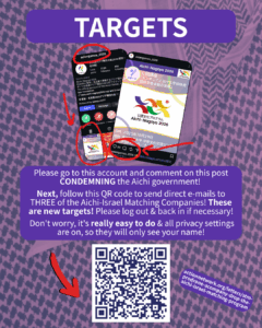 TARGETS

[Screenshot of the @aichi_now_en Instagram account, with the top pinned post circled in red, and another screenshot of that pinned post zoomed in with more red circles to make clear where to post]

Please go to this account and comment on this post CONDEMNING the Aichi government!

Next, follow this QR code to send direct e-mails to TWO of the Aichi-Israel Matching Companies! These are new targets! Please log out & back in if necessary!

Don't worry, it's really easy to do & all privacy settings are on, so they will only see your name!

[Red arrow pointing to a QR code & URL: actionnetwork.org/letters/stm-prodrone-acompany-drop-the-aichi-israel-matching-program]