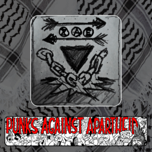Slide 5: A sketch of two arrows facing opposite directions. In between are the XR logo, Anarchy (A) and Eco (E). Below is a black upside down triangle surrounded by chains being broken in half.Below, a long rectangular logo with PUNKS AGAINST APARTHEID in red, cartoons ‘horror’ style text, with a background of a room full of punks moshing. On the right, a punk with a Liberty Spikes hairstyle giving the finger, saying ‘racism ain’t punk.’