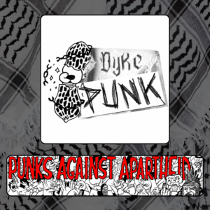 A picture with a purple checkered background wiht yellow-stencil text saying DYKES & FRIENDS, with a piece of tape underneath saying EDITION BFF. Two cartoon individuals are depicted below. On the left, a black person with heart glasses is giving the 'rock and roll' sign with one hand and holding a guitar in the other. On the right, a white person with spikey pink hair and pointy sunglasses showing rock & roll symbols with both hands. On the upper right, a list which reads: Stands, Bracelets d'amitié, Lecture, Animations, Musique, Snacks
Below, a long horizontal banner depicting a punk mosh pit, with large red squiggly letters depicting PUNKS AGAINST APARTHEID on top, and a punk giving the finger on the right saying ‘racism ain’t punk.