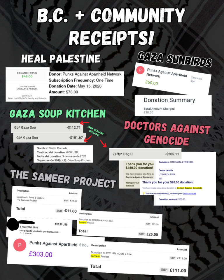 B.C . + COMMUNITY RECEIPTS!

HEAL Palestine, Gaza Sunbirds, Gaza Soup Kitchen, Doctors Against Genocide, The Sameer Project screenshots of receipts. Character limit prevents listing all the details of receipts. Alternative resource for text-based receipts being worked on for website.