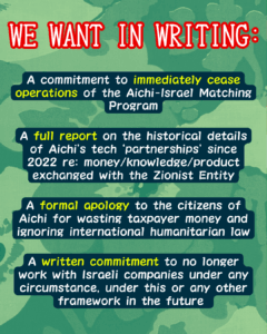 Slide 8: WE WANT IN WRITING:
A commitment to immediately cease operations of the Aichi-Israel Matching Program
A full report on the historical details of Aichi’s tech ‘partnerships’ since 2022 re: money/knowledge/product exchanged with the Zionist Entity
A formal apology to the citizens of Aichi for wasting taxpayer money and ignoring international humanitarian law
A written commitment to no longer work with Israeli companies under any circumstance, under this or any other framework in the future