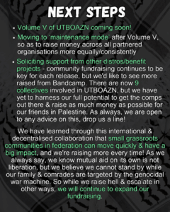Slide 9: NEXT STEPS
Soliciting support from other distros/benefit projects - community fundraising continues to be key for each release, but we'd like to see more raised from Bandcamp. There are now 9 collectives involved in UTBOAZN, but we have yet to harness our full potential to get the comps out there & raise as much money as possible for our friends in Palestine. As always, we are open to any advice on this, drop us a line!
Moving to ‘maintenance mode’ after Volume V, so as to raise money across all partnered organisations more equally/consistently
Volume V of UTBOAZN coming soon!
We have learned through this international & decentralised collaboration that small grassroots communities in federation can move quickly & have a big impact, and we're raising more every time! As we always say, we know mutual aid on its own is not liberation, but we believe we cannot stand by while our family & comrades are targeted by the genocidal war machine. So while we raise hell & escalate in other ways, we will continue to expand our fundraising.