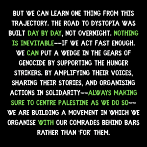 but we can learn one thing from this trajectory. The road to dystopia was built day by day, not overnight. nothing is inevitable--if we act fast enough. We can put a wedge in the gears of genocide by supporting the hunger strikers. by amplifying their voices, sharing their stories, and organising actions in solidarity--always making sure to centre palestine as we do so--we are building a movement in which we organise with our comrades behind bars rather than ‘for’ them.