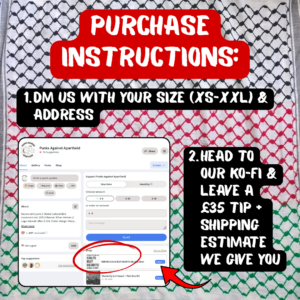 PURCHASE INSTRUCTIONS:

1. DM us with your size request (XS-XXL) & address

2. head to our ko-fi & leave a £35 tip + shipping estimate we give you

arrow pointing to Ko-Fi page with the entry for the NERVES CALM BUT HEARTS ABLAZE zine circled