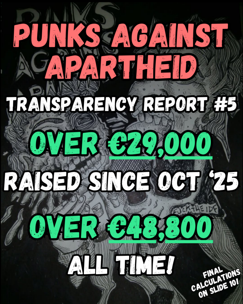 Punks against apartheid

Transparency Report #5

OVER €29,000
raised SINCE OCT ‘25

OVER €48,800
all time!

Final calculations on slide 10!