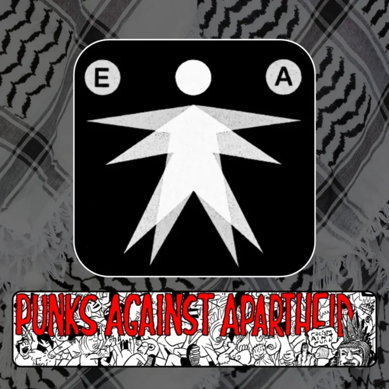 Slide 7: A square logo in black and white with several overlapping stick figures vaguely evoking Da Vinci’s ‘Vitrubian Man’, with a circle (E) and in the upper left and circle (A) in the upper right.A long cartoon logo with PUNKS AGAINST APARTHEID in red and a background of a giant mosh pit, with a punk on the tight with Liberty Spikes giving the finger saying ‘racism ain’t punk.’