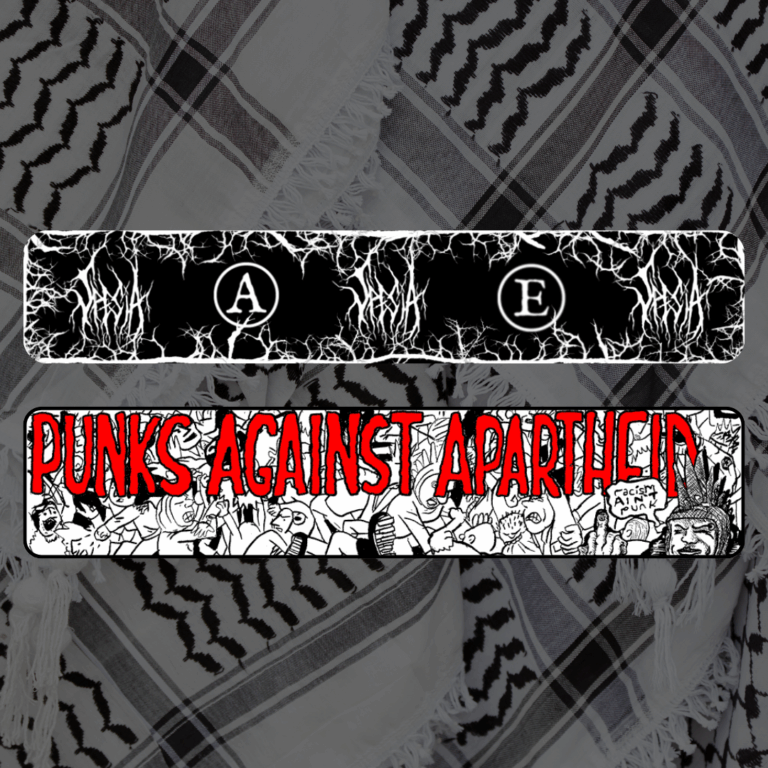 A long black and white banner with vines & thorns all around the edges and the stylised 'SPESIA' text throughout, with the circle (A) and (E) on the left and right of the banner.

Below, a long horizontal banner depicting a punk mosh pit,  with large red squiggly letters depicting PUNKS AGAINST APARTHEID on top, and a punk giving the finger on the right saying ‘racism ain’t punk.'